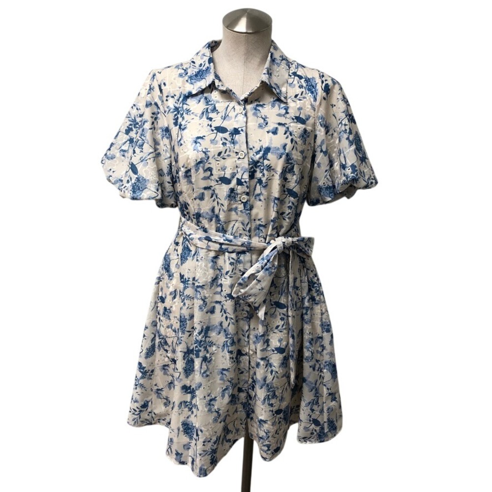 Sam Edelman Mini Dress Womens 8 White Blue Print Eyelet Puff Sleeve Pockets NEW